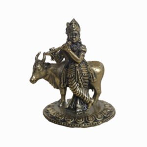 Antique Finished Lord Krishna with Cow – 3 Inch
