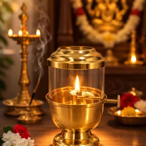 Anaya Vilakku brass glass oil lamp glowing in decorated home pooja room with diyas and flowers — Tamil Decor