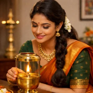 Indian woman lighting Anaya Vilakku brass glass oil lamp during morning pooja at home mandir — Tamil Decor